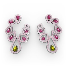 Peridot, rodolit garnet ve pembe kuvars 18 ayar beyaz altın küpe