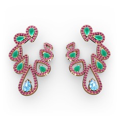 Akuamarin, kök zümrüt ve rodolit garnet 14 ayar rose altın küpe