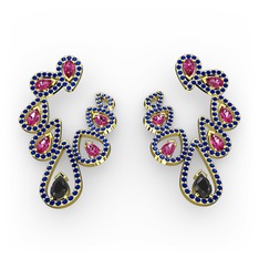 Siyah zirkon, rodolit garnet ve lab safir 18 ayar altın küpe