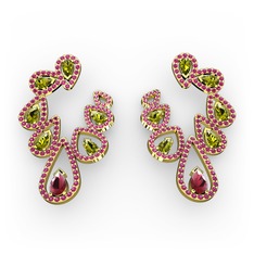Kök yakut, peridot ve rodolit garnet 14 ayar altın küpe