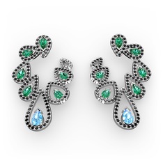 Ladonna Küpe - Akuamarin, yeşil kuvars ve siyah zirkon 8 ayar beyaz altın küpe #s0j0as