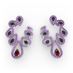 Garnet, siyah zirkon ve ametist 8 ayar beyaz altın küpe
