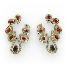 Siyah zirkon, garnet ve dumanlı kuvars 14 ayar altın küpe