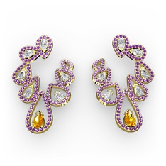 Ladonna Küpe - Sitrin, swarovski ve ametist 18 ayar altın küpe #sr9077