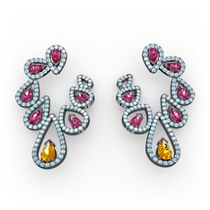 Ladonna Küpe - Sitrin, rodolit garnet ve akuamarin 925 ayar siyah rodyum kaplama gümüş küpe #t4pkp