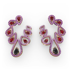 Siyah zirkon, garnet ve ametist 14 ayar rose altın küpe
