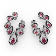 Rodolit garnet, kök yakut ve siyah zirkon 925 ayar gümüş küpe
