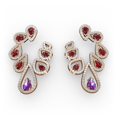 Ametist, garnet ve swarovski 18 ayar rose altın küpe