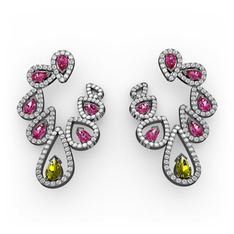 Ladonna Küpe - Peridot, rodolit garnet ve pırlanta 925 ayar siyah rodyum kaplama gümüş küpe (2.882 karat) #xd14t3