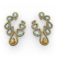 Ladonna Küpe - Sitrin ve akuamarin 925 ayar siyah rodyum kaplama gümüş küpe #xz3m8