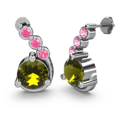 Peridot ve pembe kuvars 8 ayar beyaz altın küpe