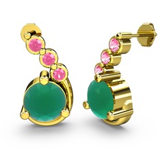 Kök zümrüt ve pembe kuvars 18 ayar altın küpe
