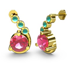 Lilya Küpe - Pembe kuvars ve kök zümrüt 14 ayar altın küpe #9xkzag