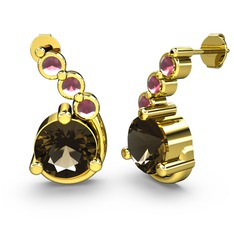 Dumanlı kuvars ve kök yakut 18 ayar altın küpe