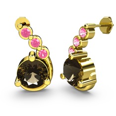 Dumanlı kuvars ve pembe kuvars 18 ayar altın küpe