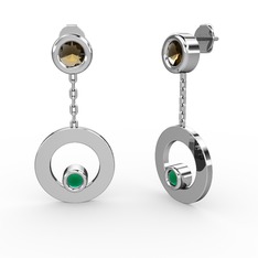 Dumanlı kuvars ve kök zümrüt 18 ayar beyaz altın küpe