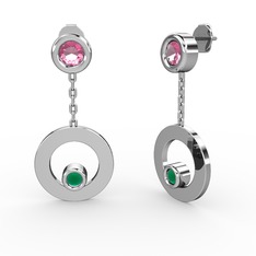 Pembe kuvars ve kök zümrüt 18 ayar beyaz altın küpe