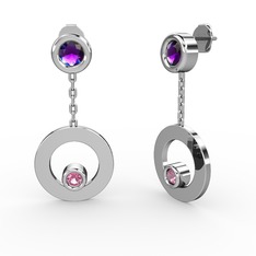 Ametist ve pembe kuvars 18 ayar beyaz altın küpe