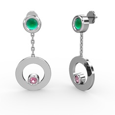 Kök zümrüt ve pembe kuvars 14 ayar beyaz altın küpe