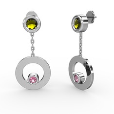 Peridot ve pembe kuvars 18 ayar beyaz altın küpe