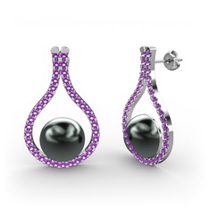 Alisa İnci Küpe - Siyah inci ve ametist 18 ayar beyaz altın küpe #12bi9rs