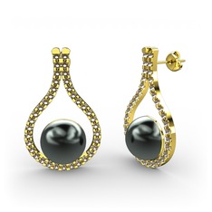 Alisa İnci Küpe - Siyah inci ve dumanlı kuvars 18 ayar altın küpe #17u6e89