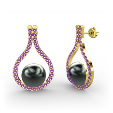 Alisa İnci Küpe - Siyah inci ve ametist 14 ayar altın küpe #1fetr7a