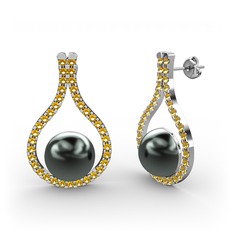 Alisa İnci Küpe - Siyah inci ve sitrin 18 ayar beyaz altın küpe #1ggct0b