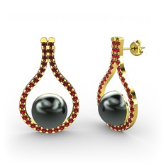 Siyah inci ve garnet 925 ayar altın kaplama gümüş küpe