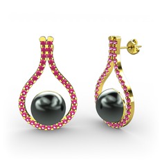 Siyah inci ve rodolit garnet 8 ayar altın küpe