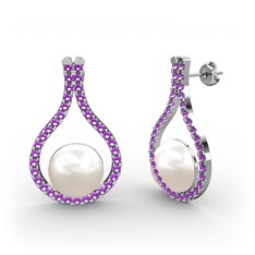 Inci ve ametist 14 ayar beyaz altın küpe