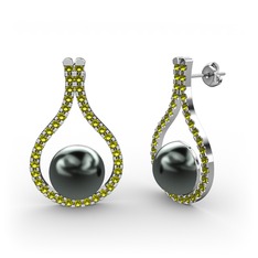 Alisa İnci Küpe - Siyah inci ve peridot 18 ayar beyaz altın küpe #b700ch