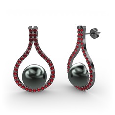 Alisa İnci Küpe - Siyah inci ve garnet 925 ayar siyah rodyum kaplama gümüş küpe #g8cyim