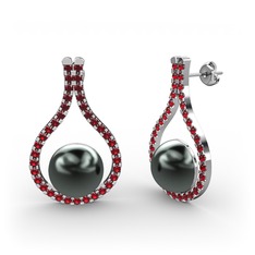 Siyah inci ve garnet 14 ayar beyaz altın küpe