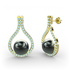 Siyah inci ve akuamarin 8 ayar altın küpe