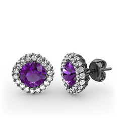 Linne Küpe - Ametist ve beyaz zirkon 925 ayar siyah rodyum kaplama gümüş küpe #12hv338