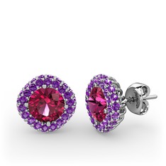 Linne Küpe - Rodolit garnet ve ametist 14 ayar beyaz altın küpe #152yu9k