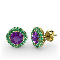 Linne Küpe - Ametist ve yeşil kuvars 14 ayar altın küpe #163dug5