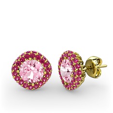 Linne Küpe - Pembe kuvars ve rodolit garnet 14 ayar altın küpe #19c8azn