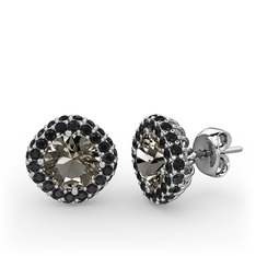 Linne Küpe - Dumanlı kuvars ve siyah zirkon 14 ayar beyaz altın küpe #1aw2ynw