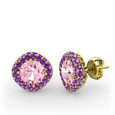 Pembe kuvars ve ametist 14 ayar altın küpe