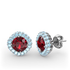 Garnet ve akuamarin 8 ayar beyaz altın küpe