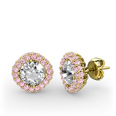 Linne Küpe - Swarovski ve pembe kuvars 18 ayar altın küpe #1w9u6q8