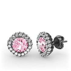 Linne Küpe - Pembe kuvars ve beyaz zirkon 925 ayar siyah rodyum kaplama gümüş küpe #4g9f03