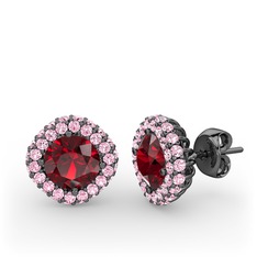 Linne Küpe - Garnet ve pembe kuvars 925 ayar siyah rodyum kaplama gümüş küpe #levcl