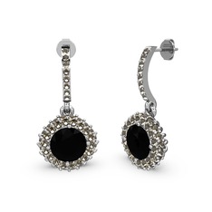 Siyah zirkon ve dumanlı kuvars 14 ayar beyaz altın küpe