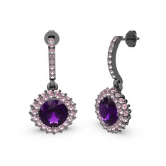 Ametist ve pembe kuvars 925 ayar siyah rodyum kaplama gümüş küpe