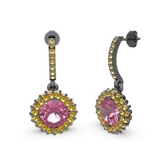 Pembe kuvars ve sitrin 925 ayar siyah rodyum kaplama gümüş küpe