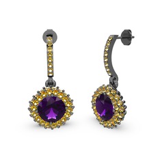 Ametist ve sitrin 925 ayar siyah rodyum kaplama gümüş küpe