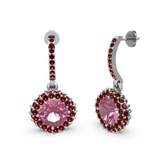 Pembe kuvars ve garnet 8 ayar beyaz altın küpe